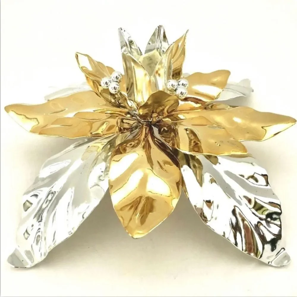 Vintage Department 56 Poinsettia Taper Candle Holder Silver Gold Shinny Finish